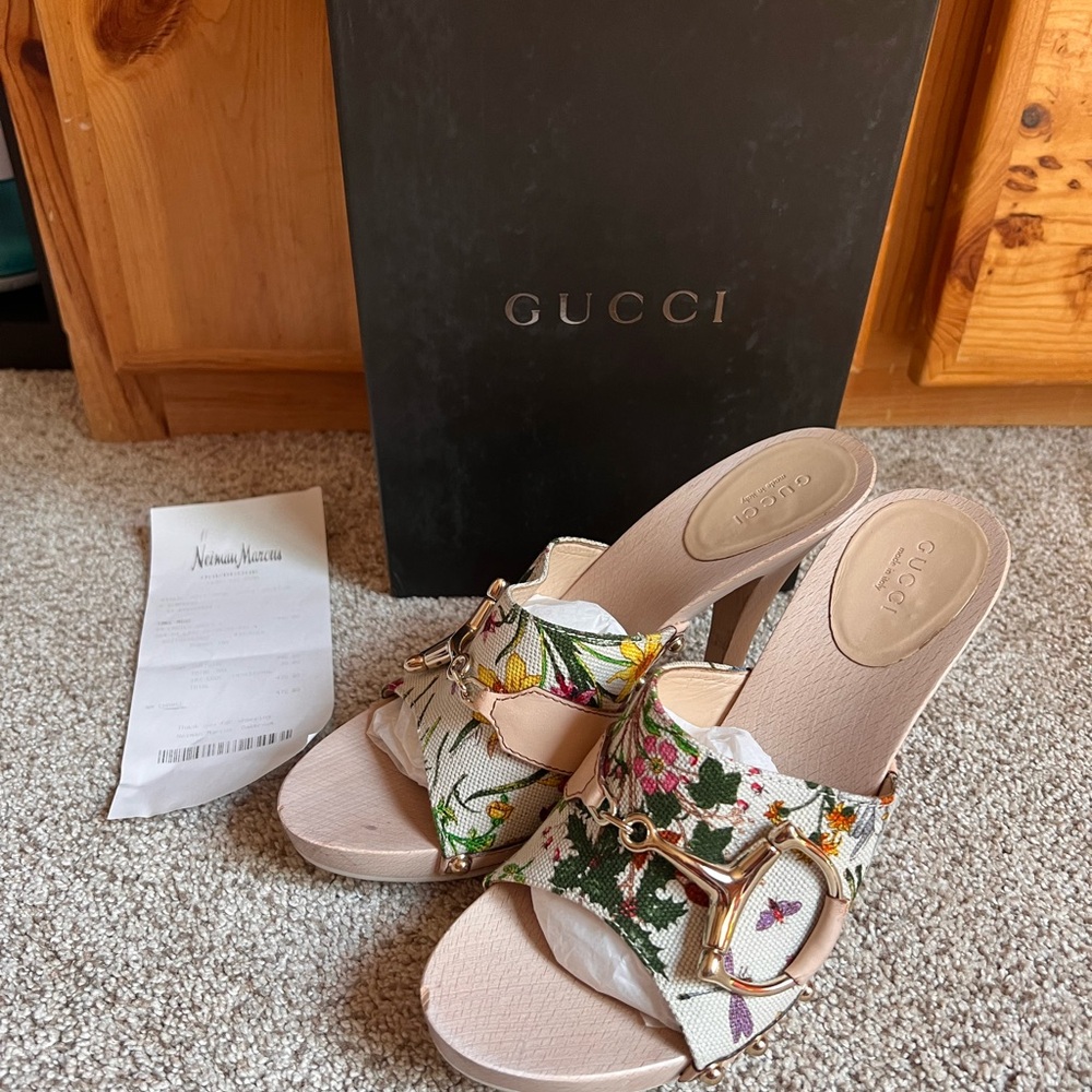 Gucci Floral Canvas Wooden Heels Women’s Size 8 Cream Floral Print Pattern - Picture 14 of 15